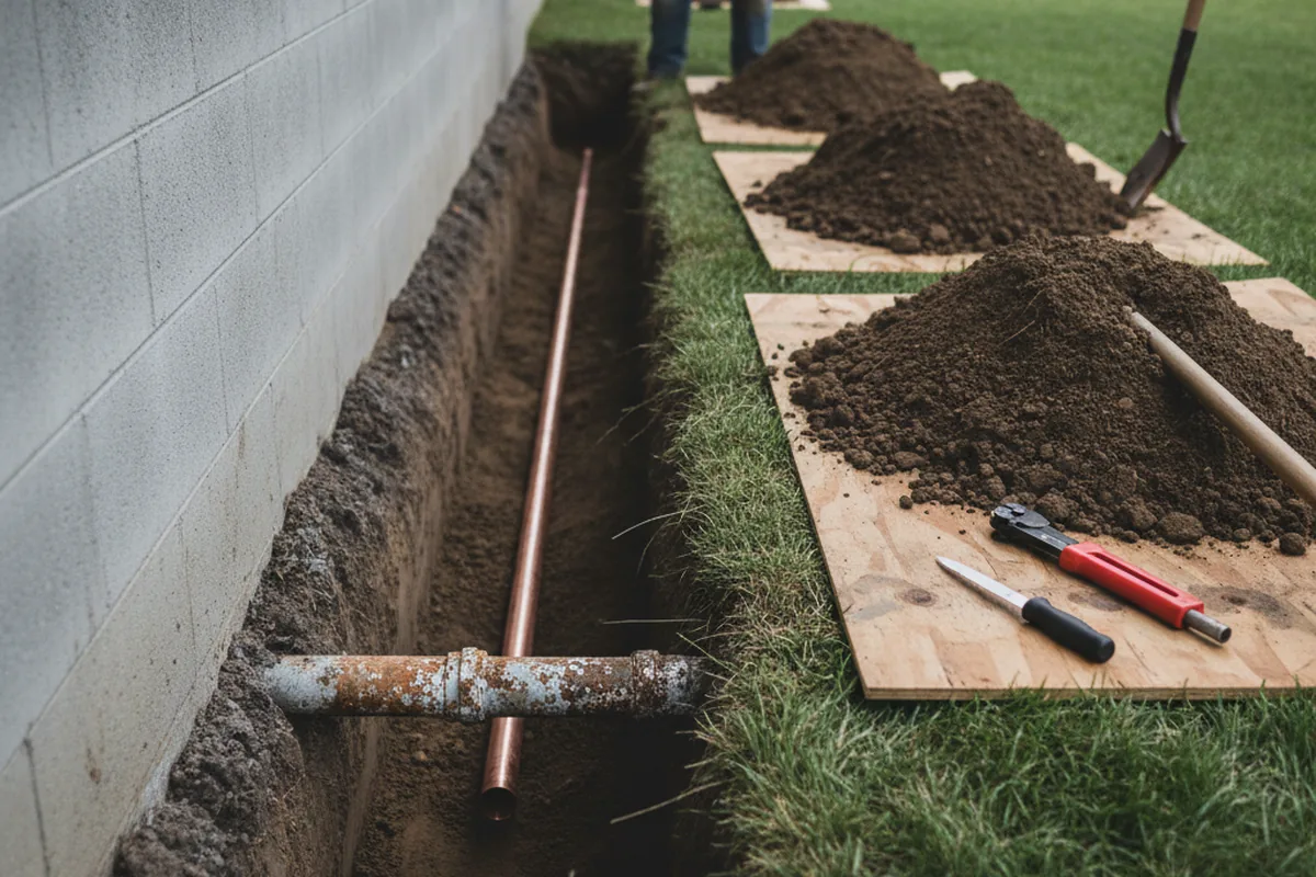 Excavated water line trench during Water Softener Installation in Laveen